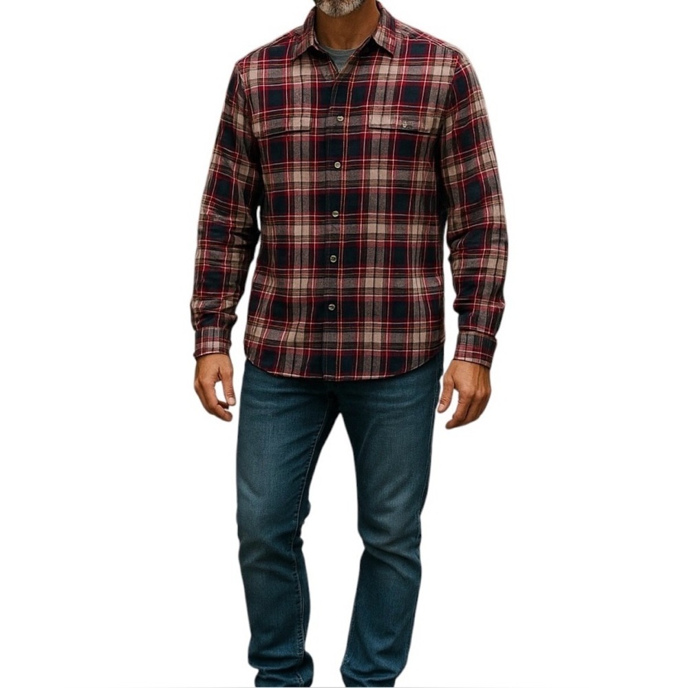 Timberland Flannel Cotton Button Down Plaid Long Sleeve Shirt Red Black Men XL